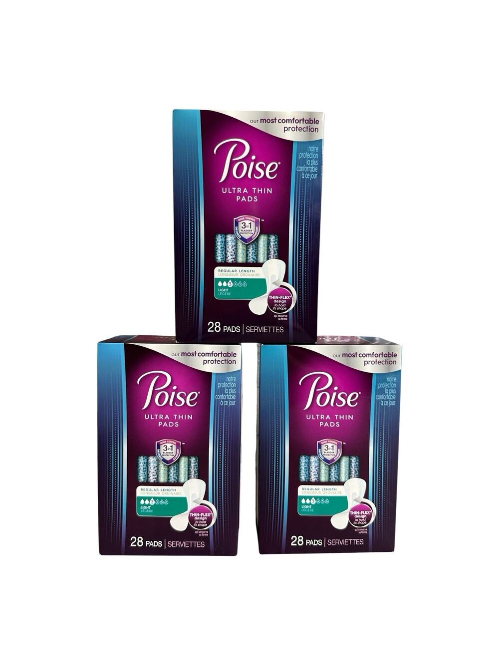 3 Packs Poise Ultra Thin Pads Regular Length Light 28 Pads Thin Flex Design ￼